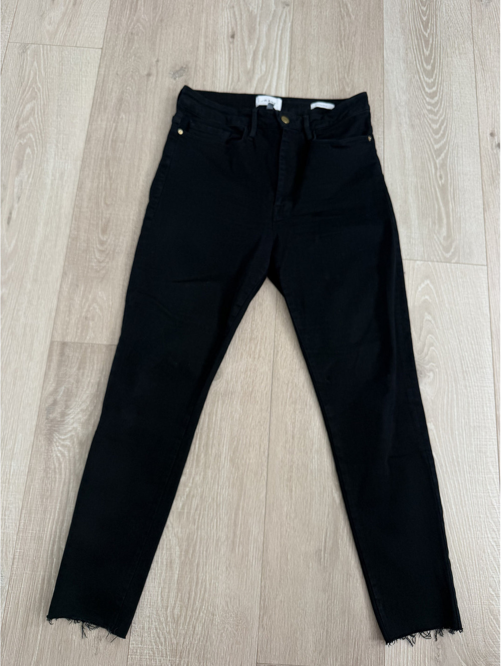 FRAME Le One Skinny Black Jeans Size 2 with Raw Hem